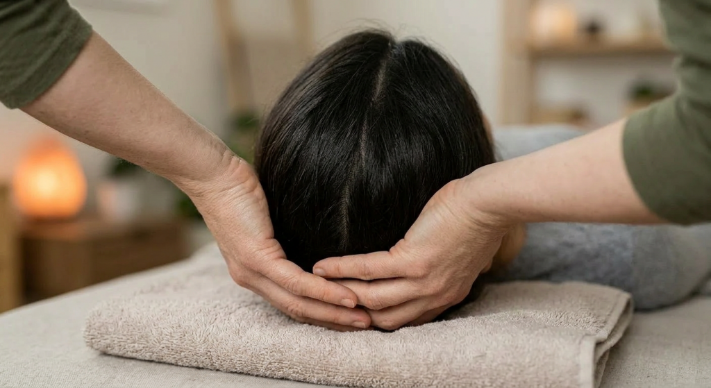 Hands gently massaging the back of a person's head resting on a towel